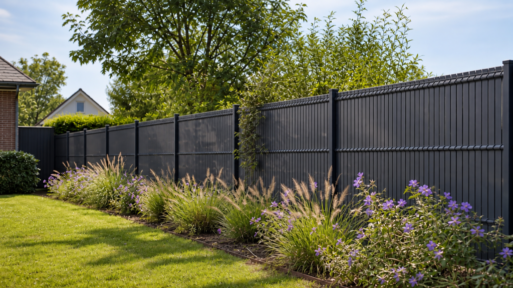 Panneaux rigides anthracite avec brise-vue dans un jardin