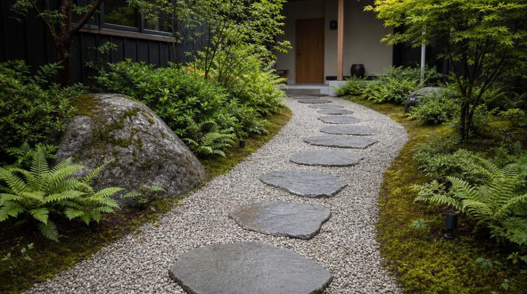 Pas japonais courbés menant à une entrée de maison