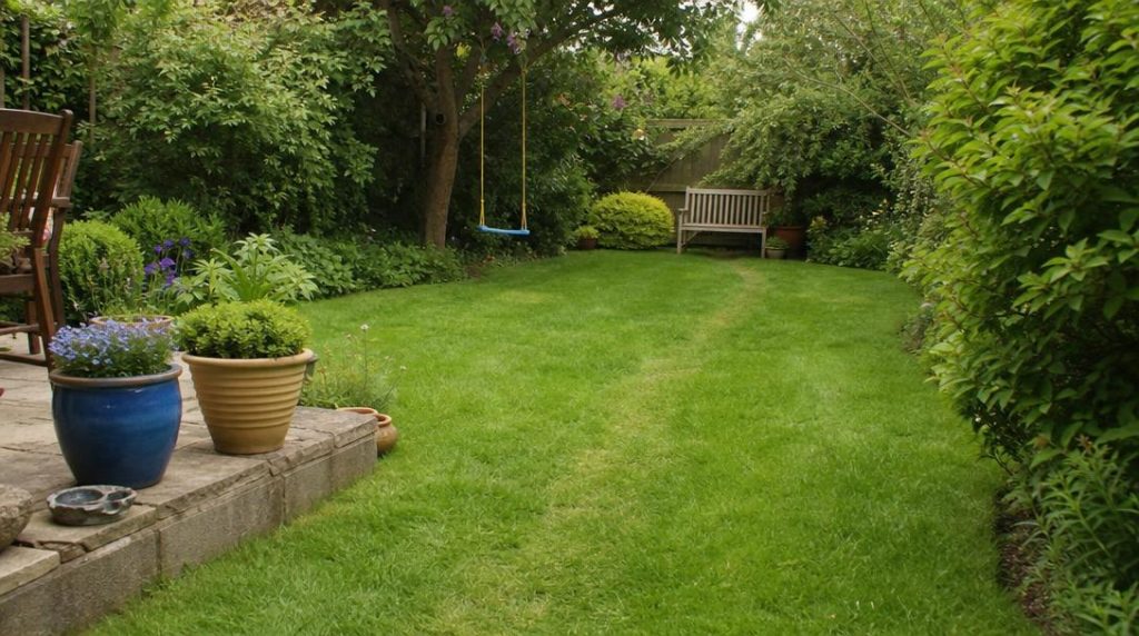 Pelouse familiale avec passage légèrement marqué près terrasse