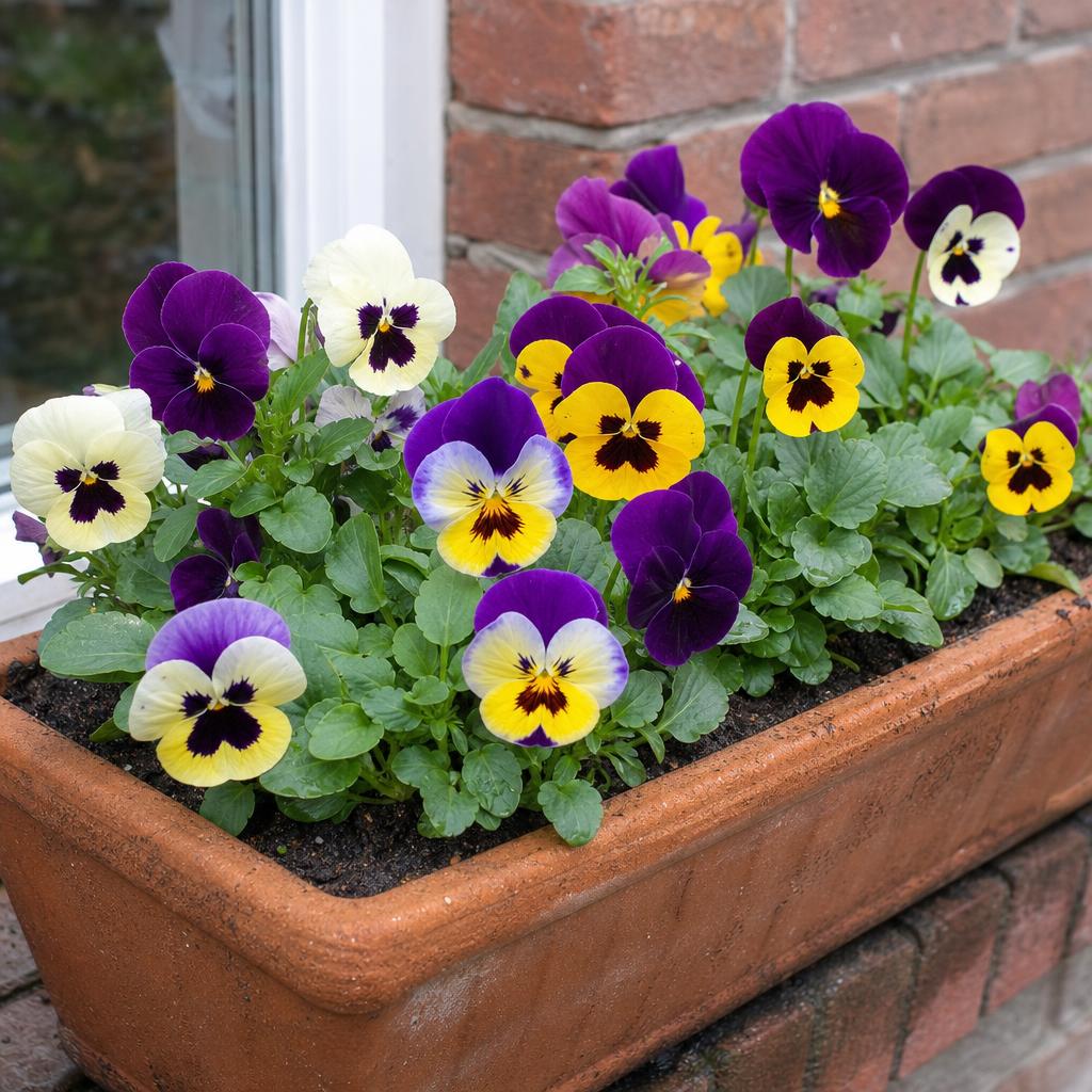 Pensées violettes et jaunes dans une jardinière en terre cuite