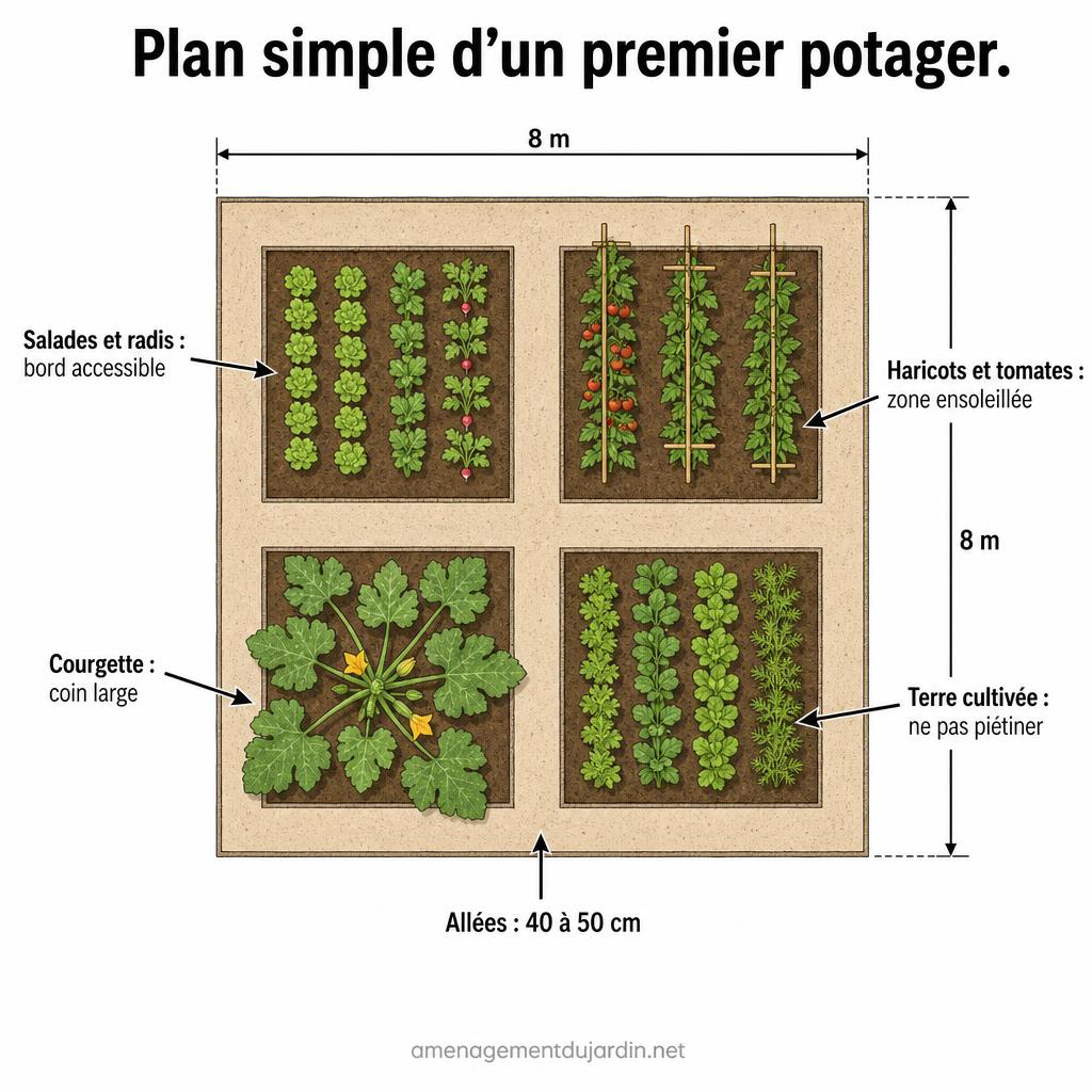 Plan vu du dessus d’un petit potager organisé