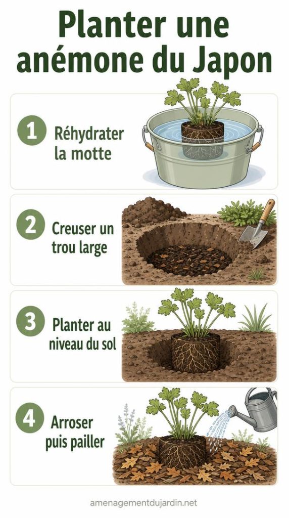 Étapes illustrées pour planter une anémone du Japon