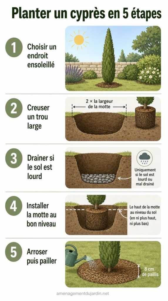 Étapes de plantation d’un jeune cyprès en pleine terre
