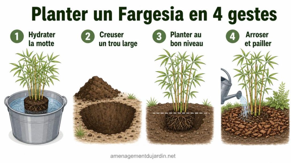 Quatre étapes illustrées pour planter un Fargesia