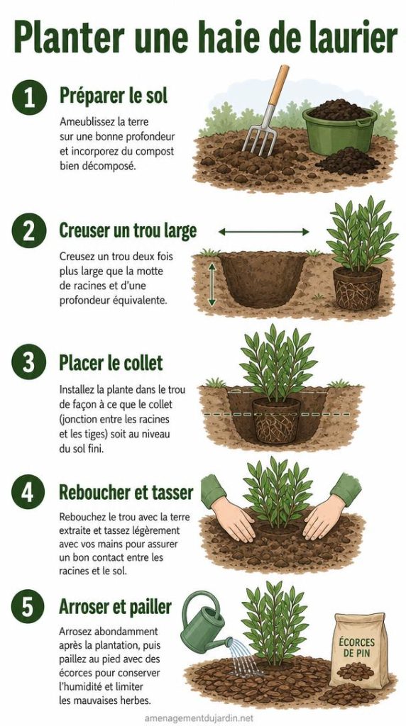 Étapes de plantation d'une haie de laurier