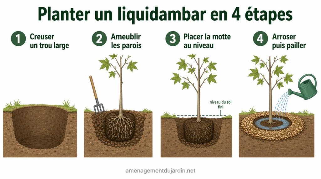 Étapes illustrées de plantation d'un jeune copalme