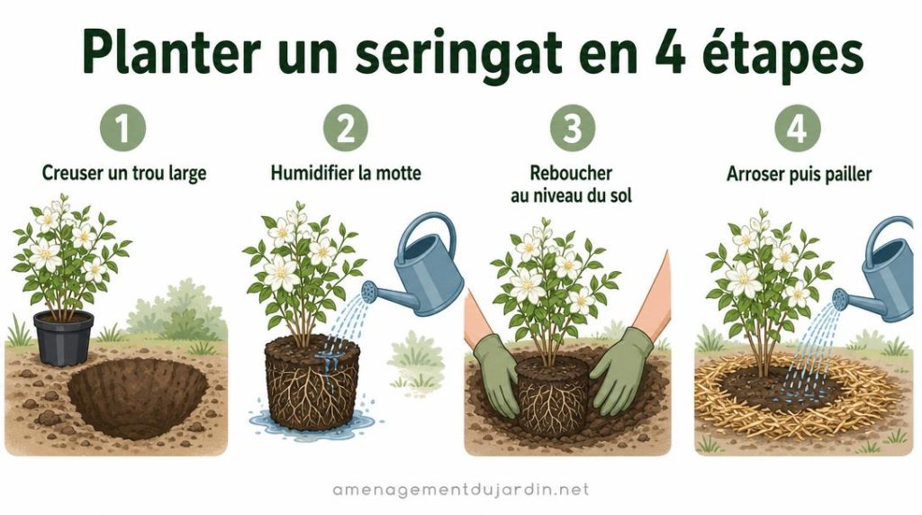 Étapes illustrées pour planter un seringat au jardin