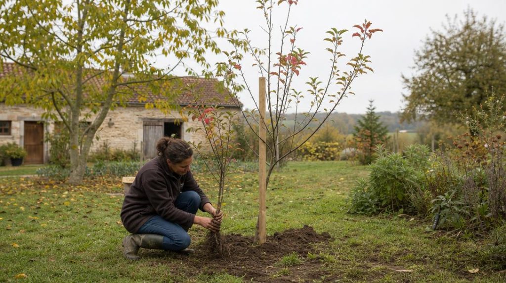 Jeune arbre fruitier planté dans un jardin d’automne
