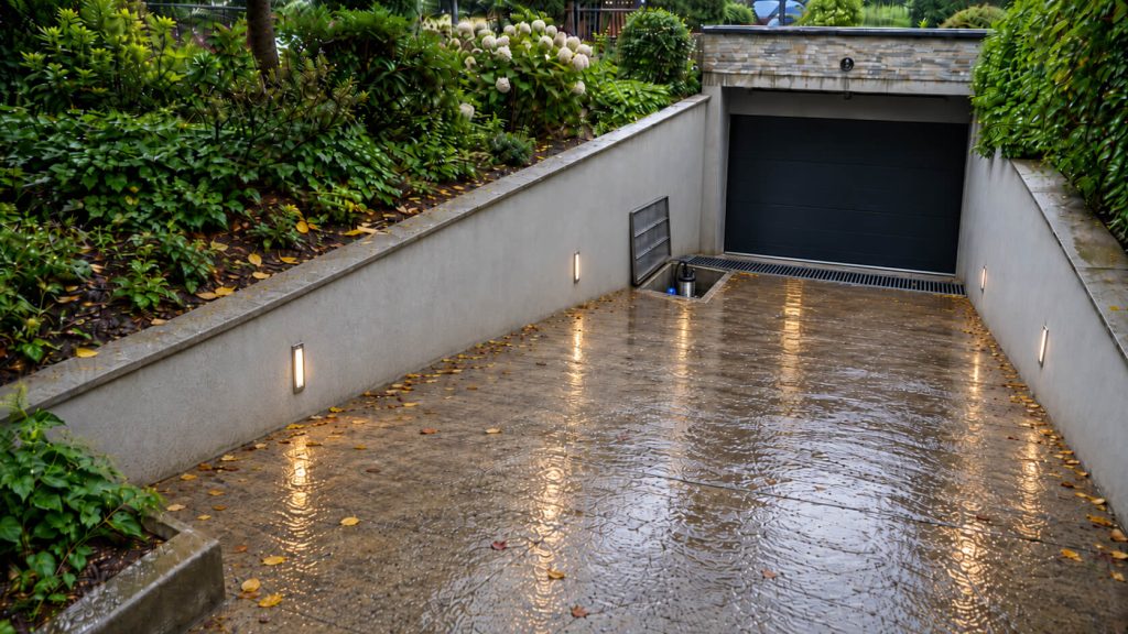 Point bas de garage avec dispositif de relevage d’eau