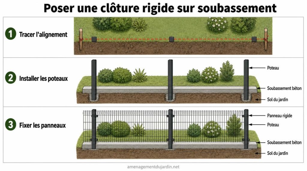 Schéma de pose d’une clôture rigide sur soubassement