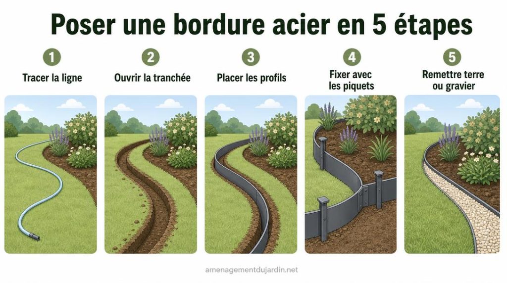 Cinq étapes pour poser une bordure acier au jardin