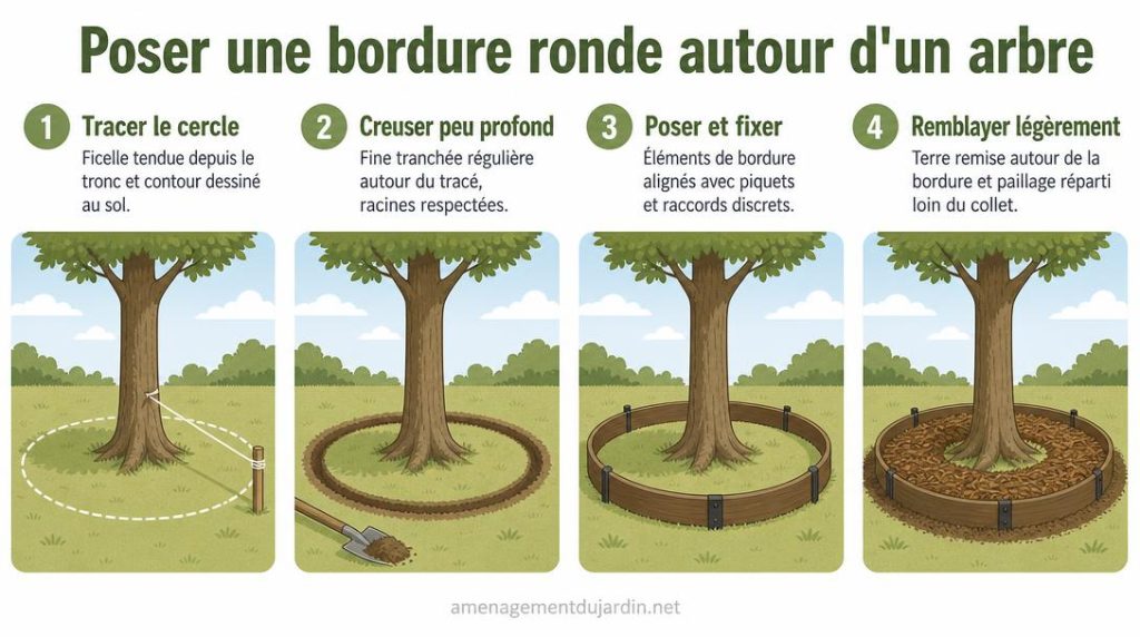 Étapes de pose d'une bordure ronde d'arbre