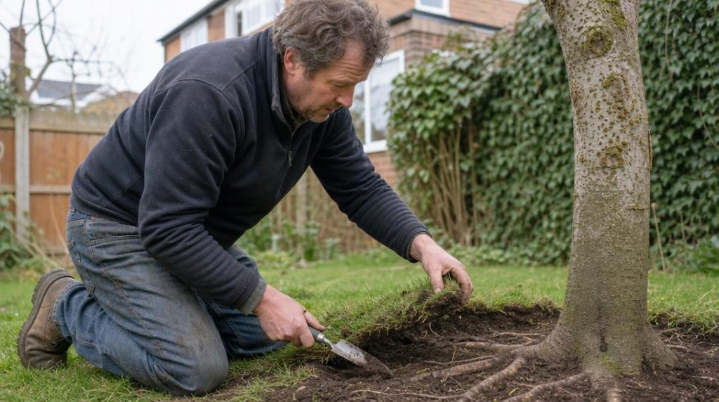 Jardinier retirant la pelouse près des racines superficielles