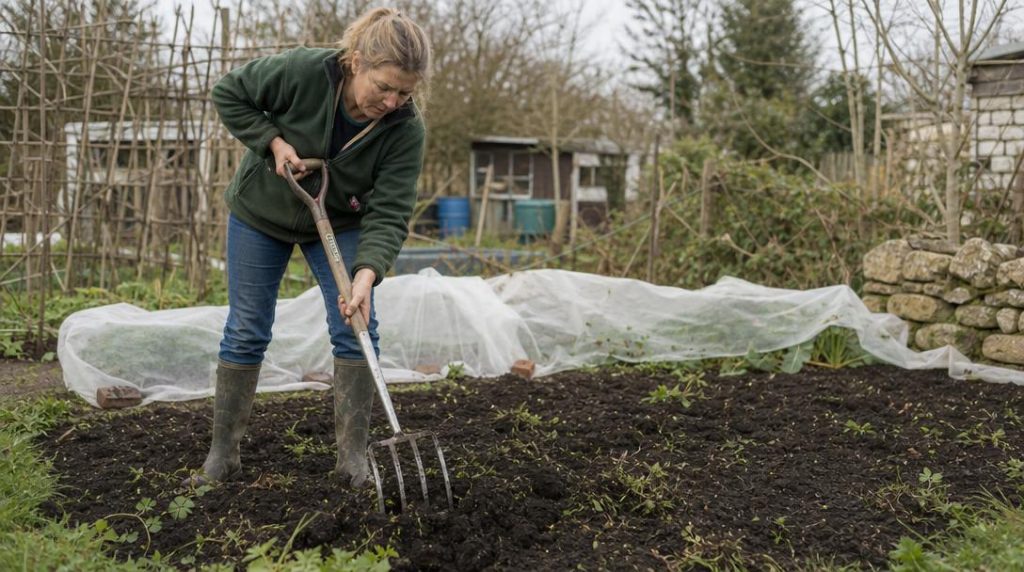 Jardinier aérant une parcelle de potager avec du compost