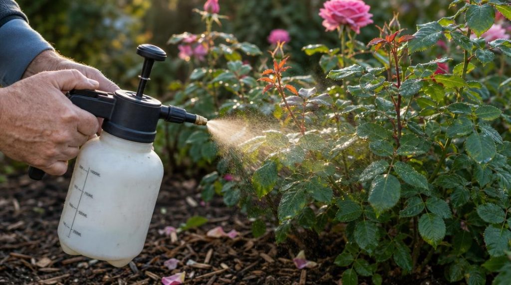 Mains pulvérisant finement les feuilles sèches d'un rosier