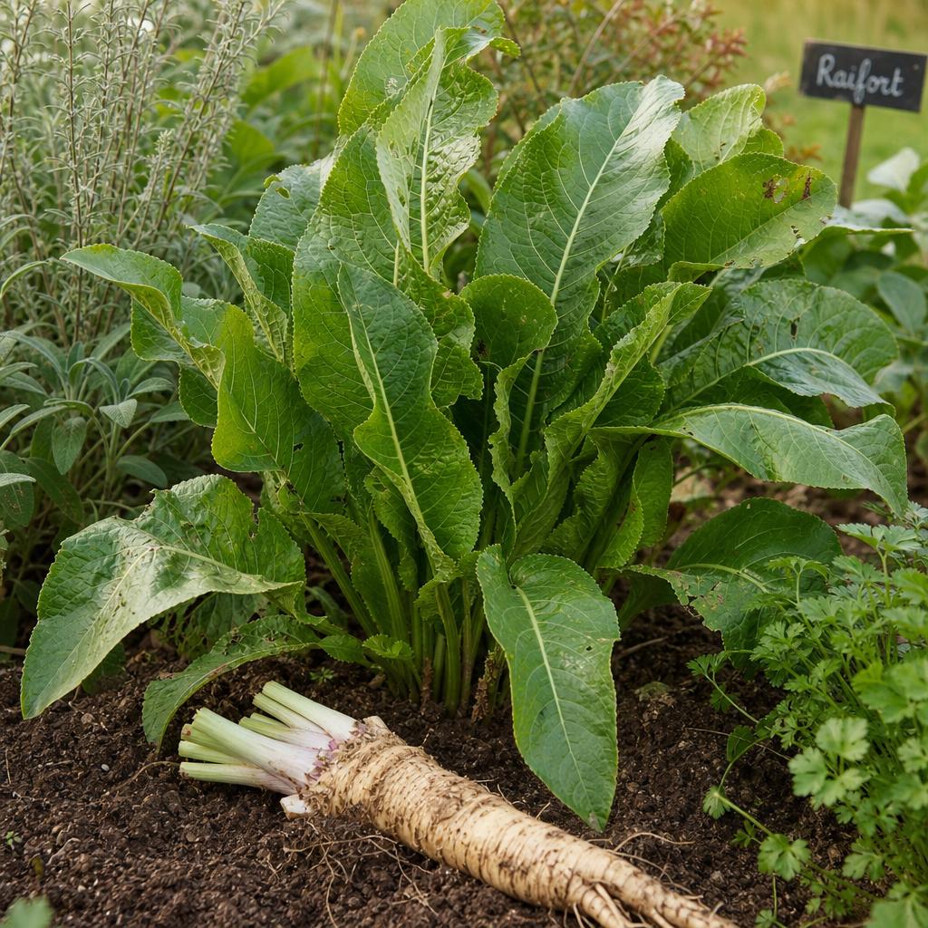 Racine de raifort claire et feuillage vert au potager