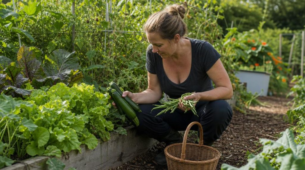 Récolte de courgettes haricots et laitues au potager