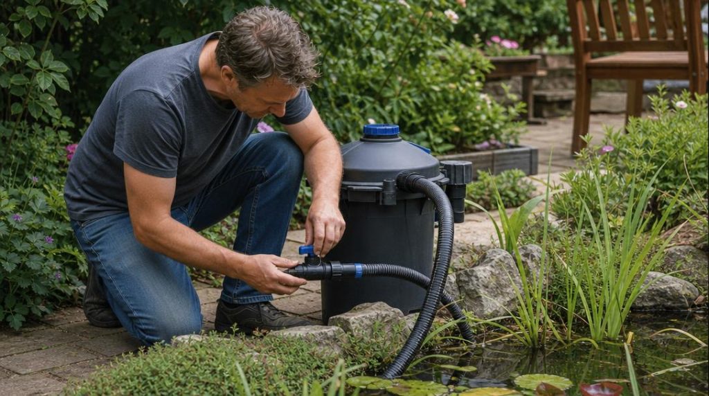 Jardinier réglant le débit près d’un filtre de bassin