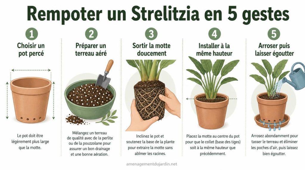 Étapes illustrées du rempotage d'un Strelitzia