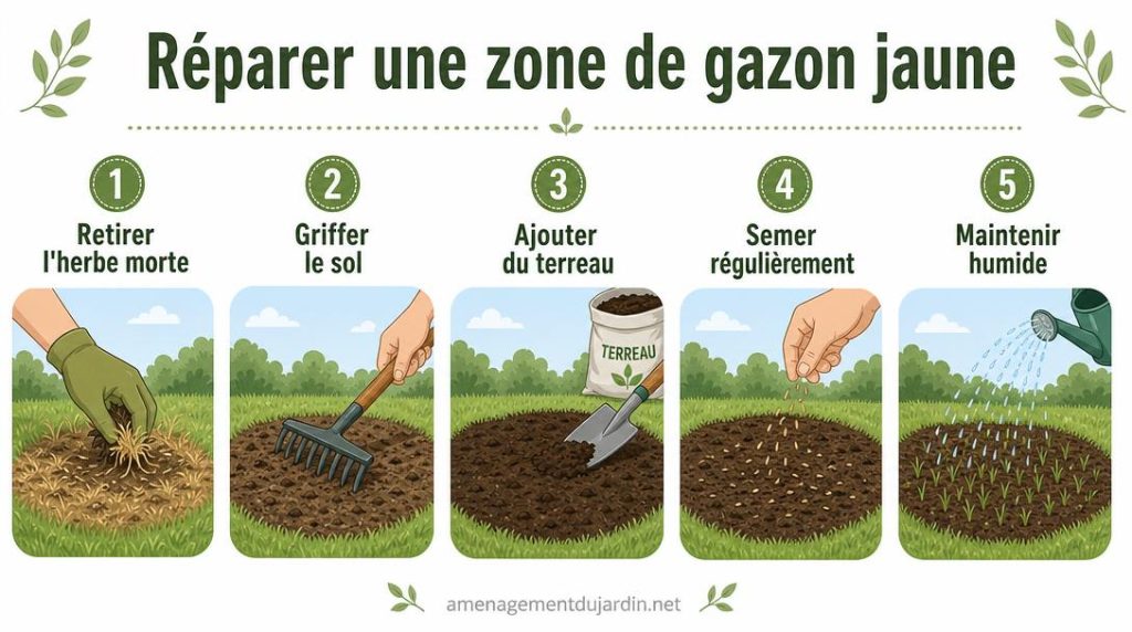 Cinq étapes pour regarnir une zone de gazon jaune