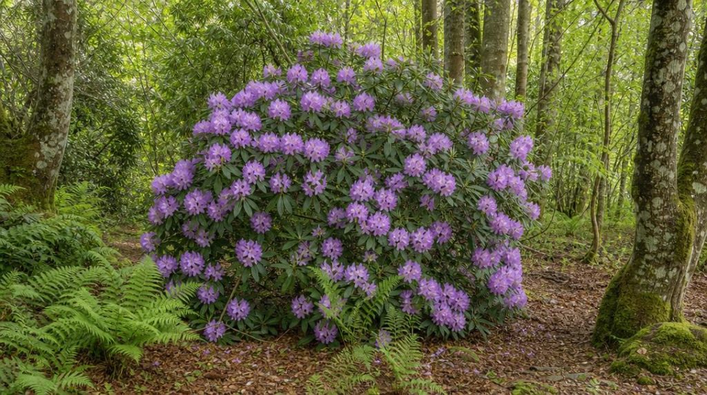 Rhododendron mauve fleuri dans un sous-bois de jardin