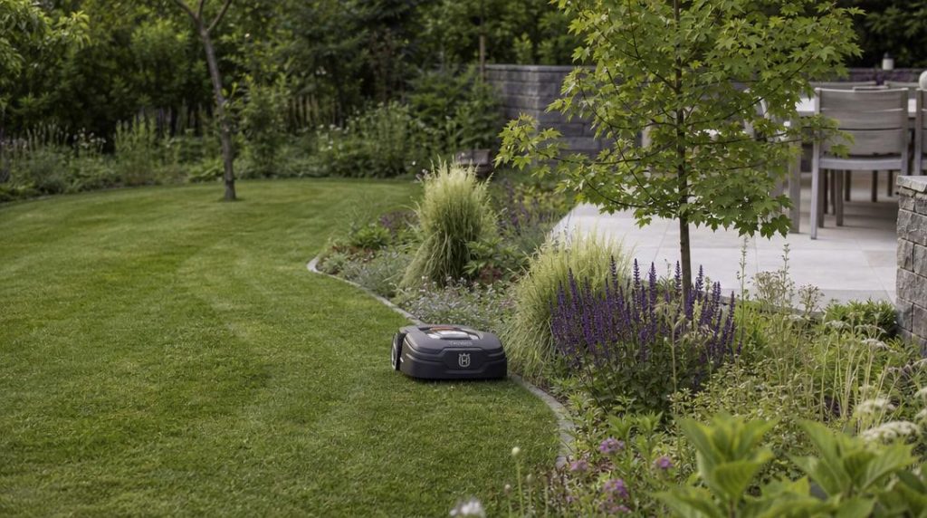 Robot contournant massif fleuri près d’une terrasse