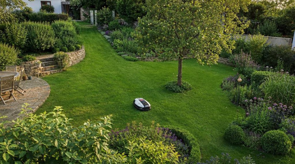 Robot tondeuse dans jardin avec massifs et terrasse