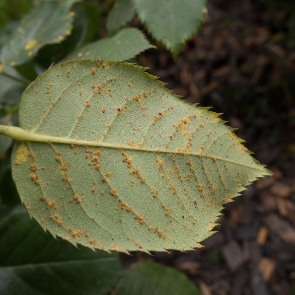 Pustules orange de rouille sous une feuille de rosier