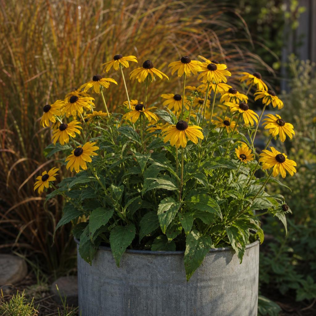 Rudbeckia nain jaune dans un pot au soleil