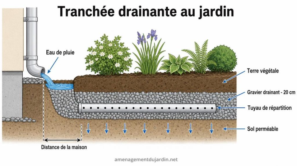 Coupe illustrée d’une tranchée drainante sous un jardin