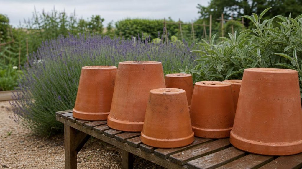 Pots en terre cuite séchant sur un banc de jardin