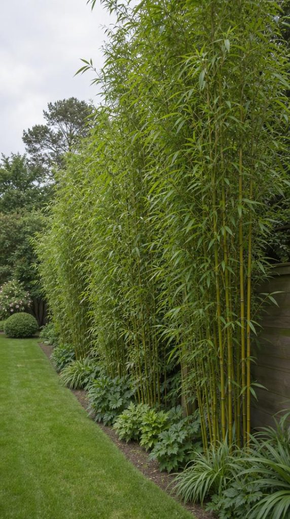 Bambou vertical dense le long d’une clôture de jardin
