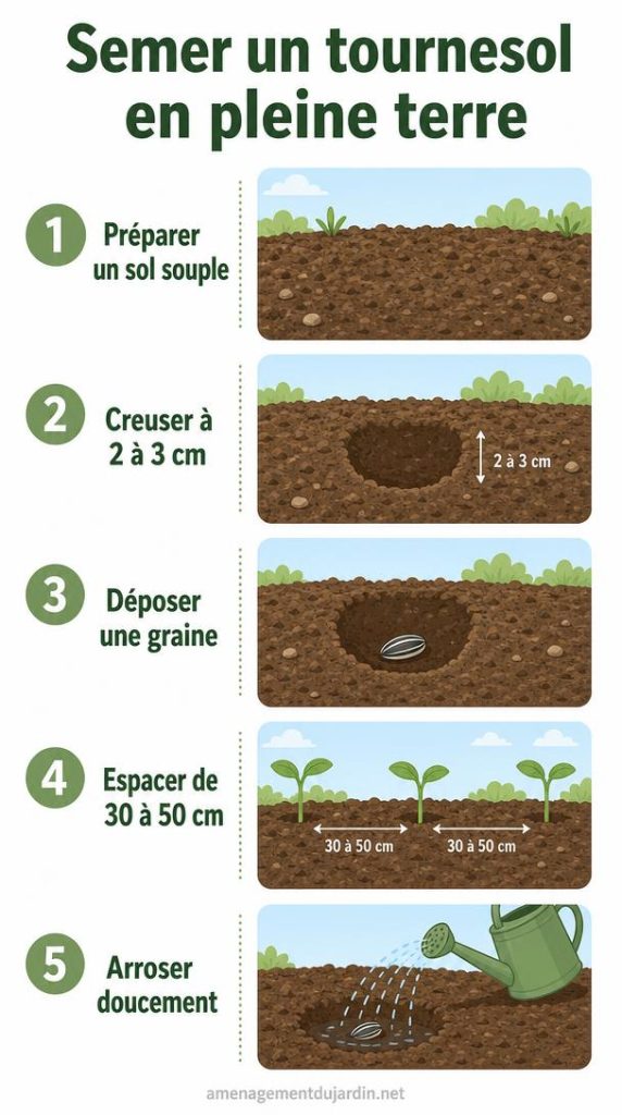 Étapes illustrées pour semer un tournesol en pleine terre