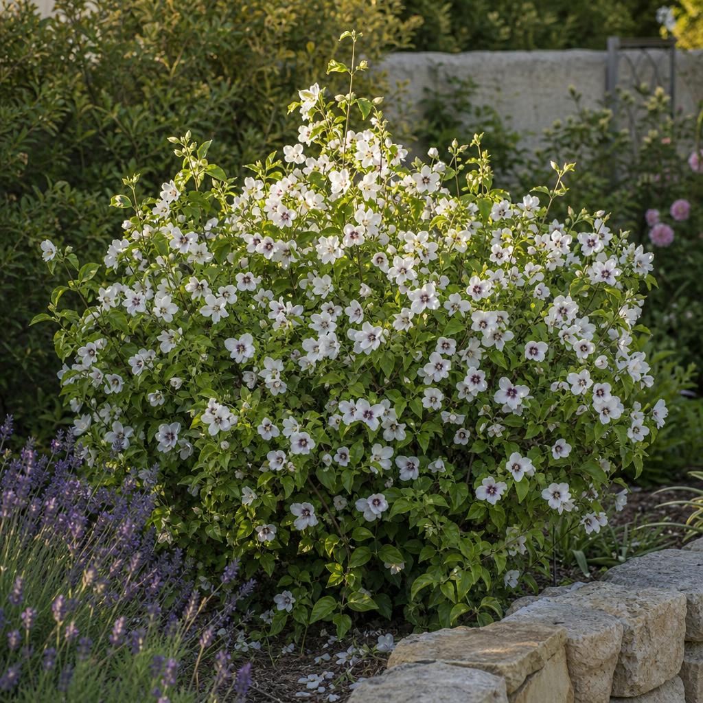Fleurs blanches à cœur pourpré du seringat Belle Étoile