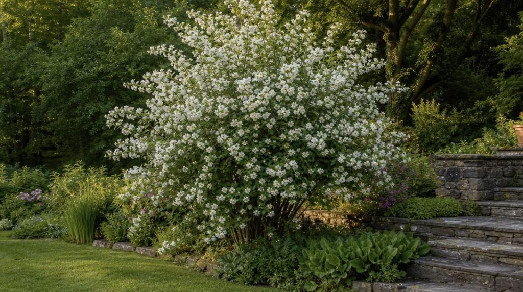 Seringat fleuri blanc près d’une terrasse ensoleillée