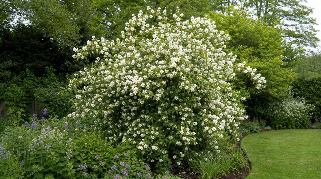 Seringat adulte blanc dans un massif de jardin
