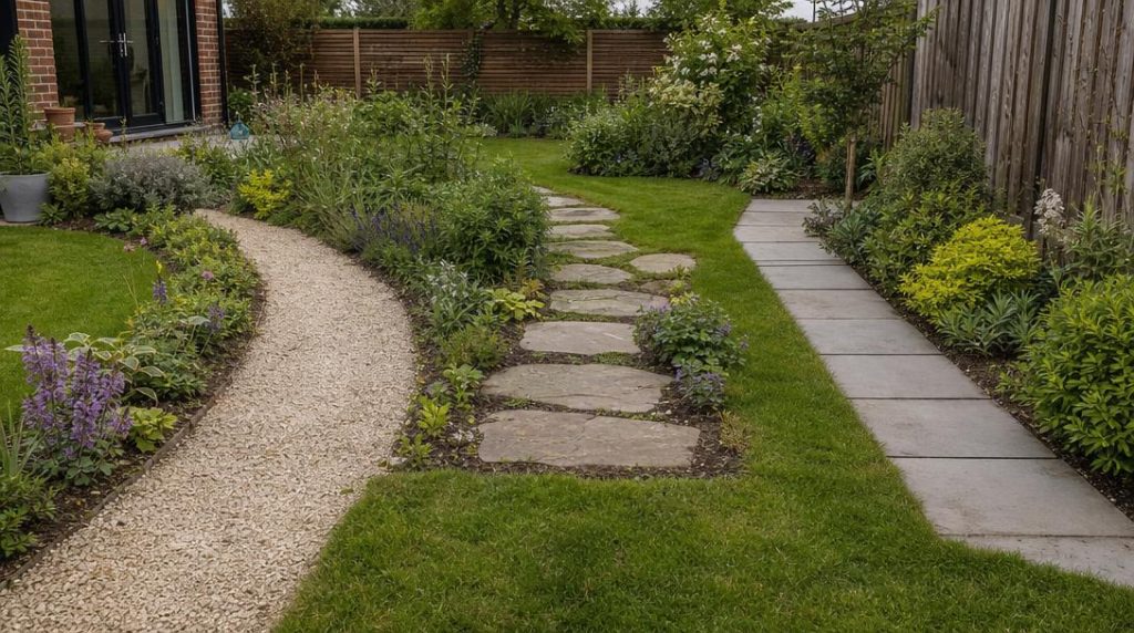 Gravier, pas japonais et dalles dans un jardin