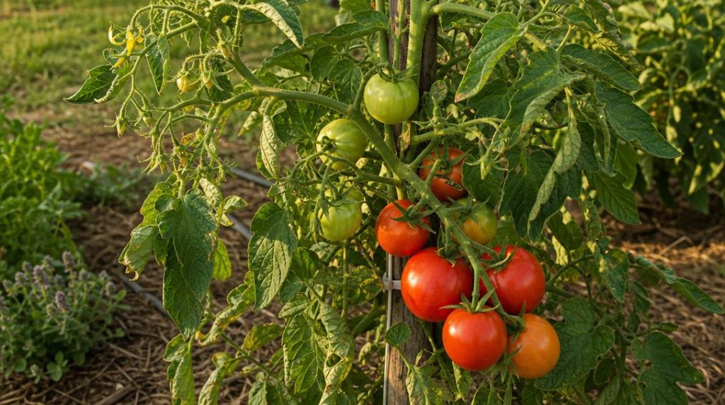 Tomates vertes et rouges sur un plant vigoureux