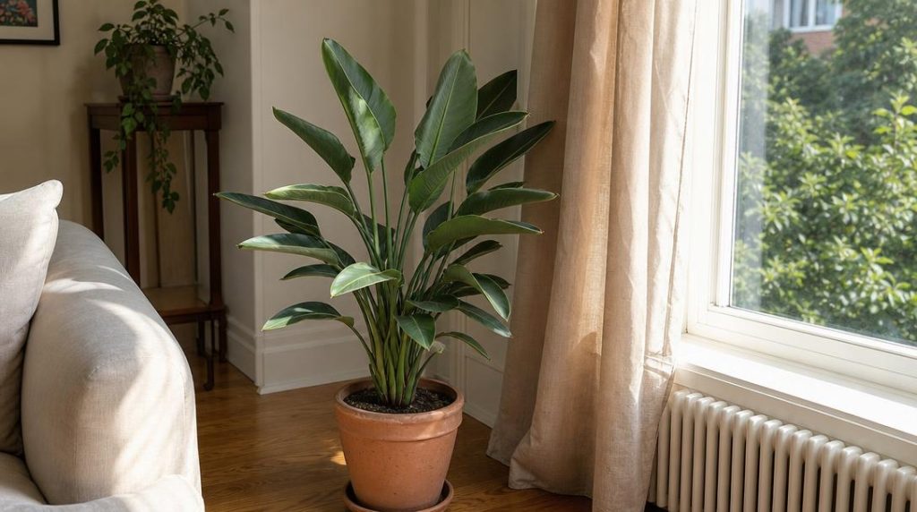 Strelitzia près d'une grande fenêtre lumineuse
