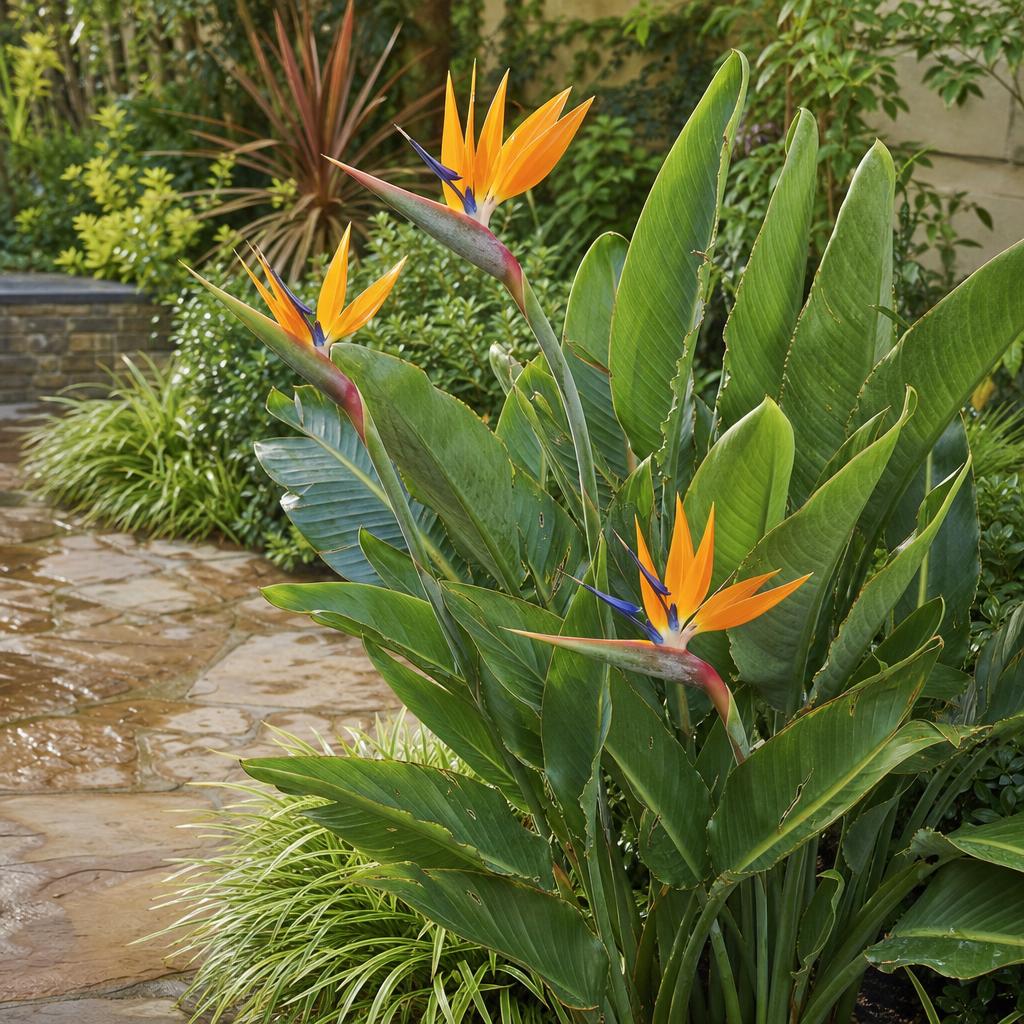 Fleurs orange et bleues d'un Strelitzia mature