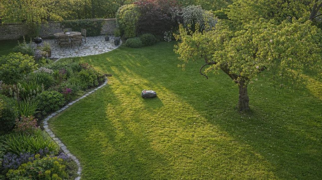 Pelouse découpée par terrasse, arbre et massifs fleuris