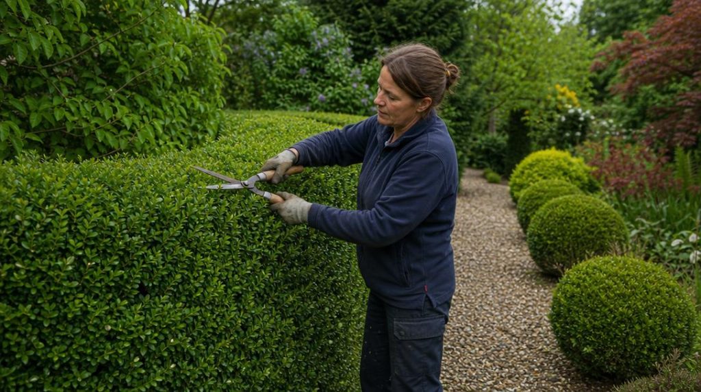 Jardinier taillant une haie de buis au printemps
