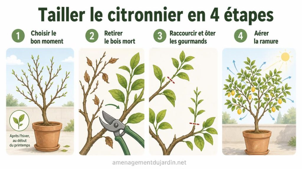Infographie des quatre étapes de taille du citronnier