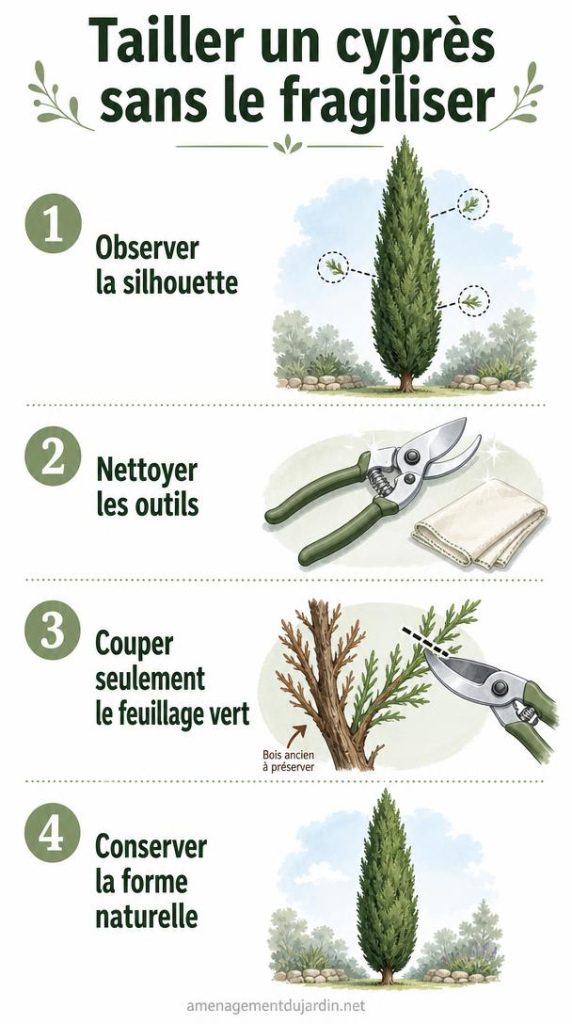 Gestes pour tailler légèrement un cyprès en colonne