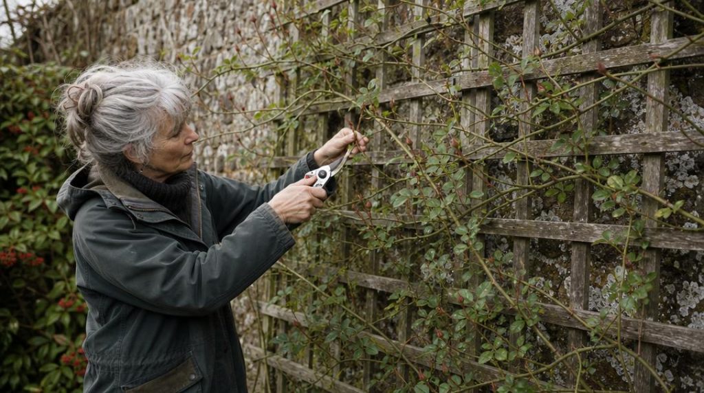 Jardinier taillant un rosier grimpant sur treillage en bois
