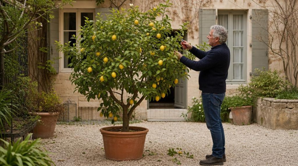 Jardinier taillant un citronnier en pot chargé de citrons