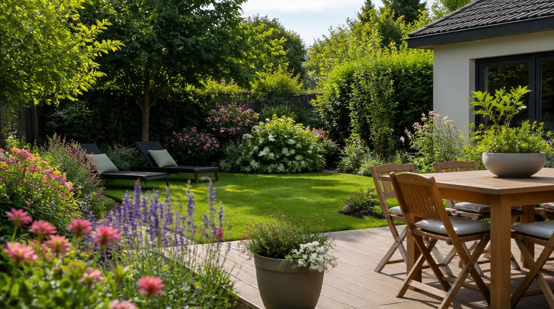 Aménager son jardin avec terrasse bois, table, chaises et transats