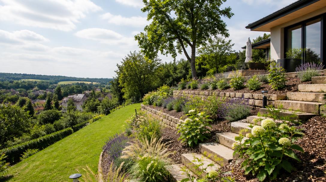 Jardin en pente aménagé en terrasses, murets et marches en pierre