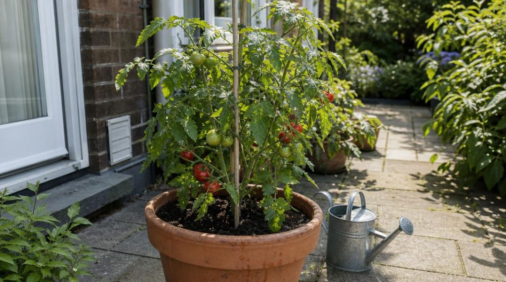 Plant de tomate en pot avec fruits mûrissants