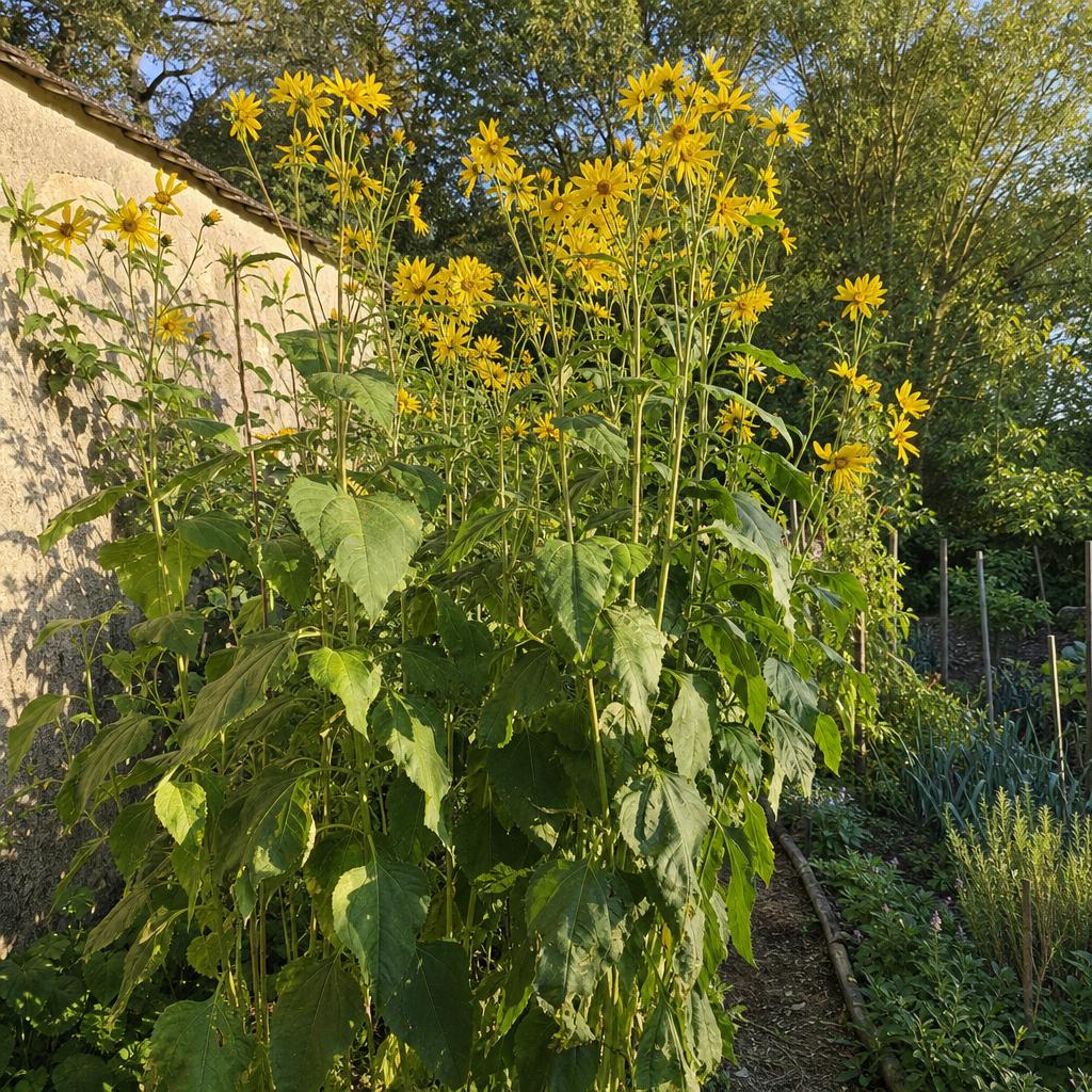Fleurs jaunes de topinambour dans un potager